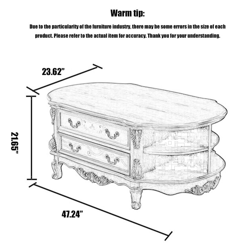 Contemporary French Coffee Table: Ornate & Storage, 21.65'' H x 47.24'' W x 23.62'' D