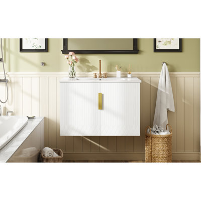 Meuble-lavabo vintage 30 po avec lavabo en céramique à 3 trous, armoire à deux portes, rangement réglable, fixation murale, matériaux, surface facile à nettoyer avec trous, conception à rayures minimalistes, tablette, corrosion