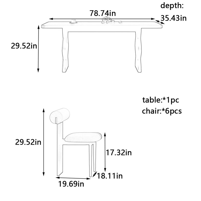 Ensemble de chaises de table de salle à manger en bois massif, H 29,52 po x L 78,74 po x l 35,43 po