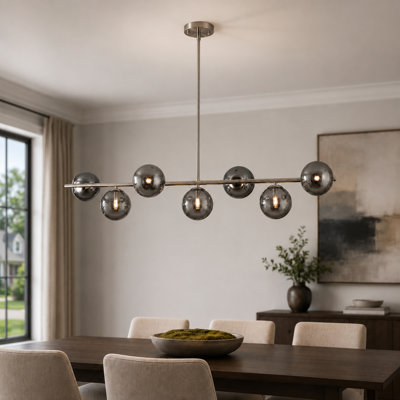 Luminaire suspendu moderne en laiton pour îlot de cuisine 7 lumières avec abat-jour en verre blanc neige