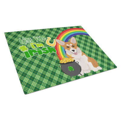 Planche à découper en verre rouge Pembroke Corgi St. Patrick's Day - Grande planche de service et à découper en verre trempé avec pieds antidérapants