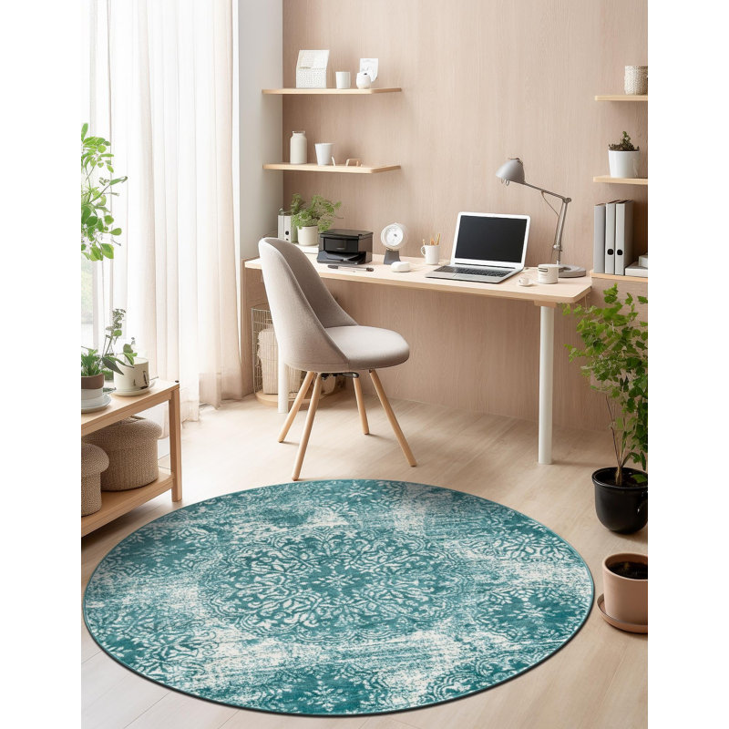 Tapis turquoise à motif damassé Coblitz, Rond 7 pi