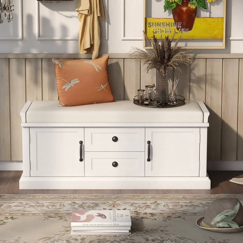 Banc de rangement avec 2 tiroirs et 2 armoires, Blanc