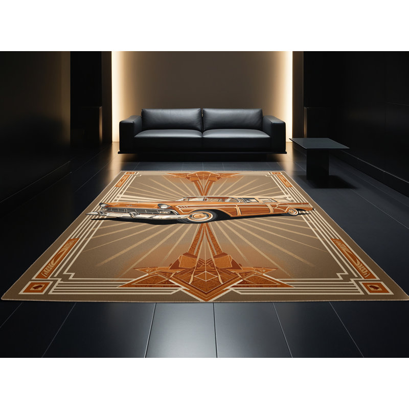 Machine Washable Vehicles And Transportation Classic Station Wagon Vintage Vintage Look Rug in Brown – Beige Binding, 7x10