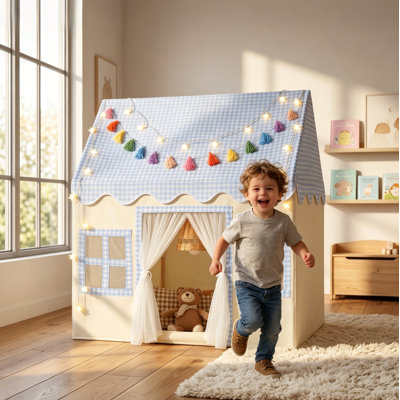 Tente de jeu pour enfants avec tapis Sisticker, guirlande à pampilles et lumières étoilées, tente de jeu d'intérieur pour filles, tente de jeu princesse portable, jouets de cadeau d'anniversaire idéaux pour les tout-petits (bleu)