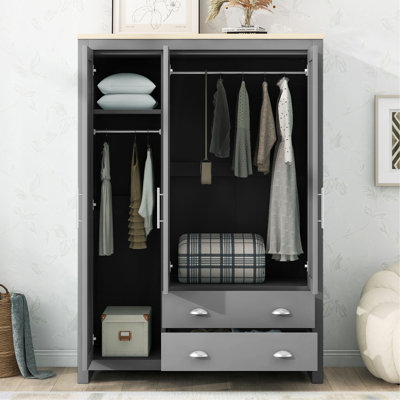 Three Door Storage Wardrobe With Cabinets And Two Hanging Rod