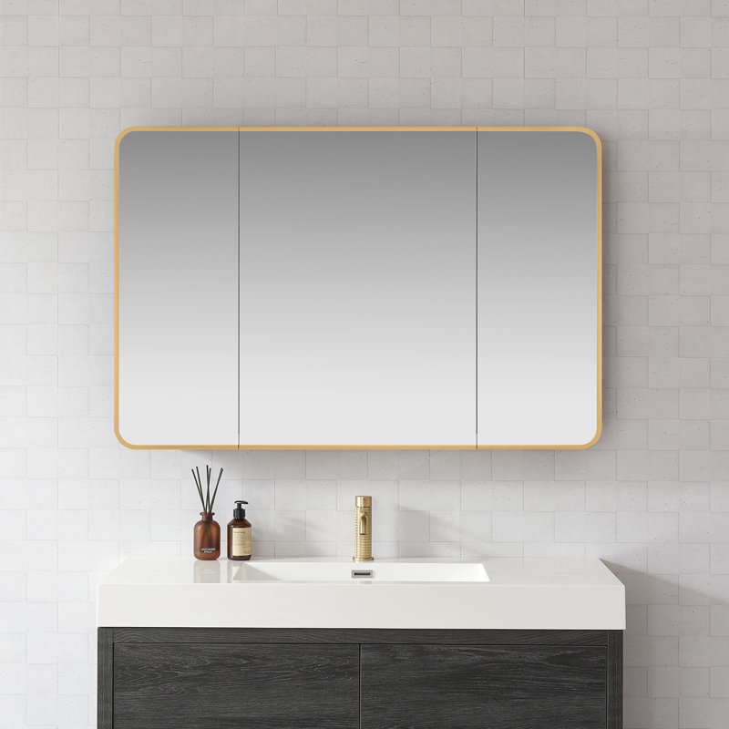 Lagos 48 in.W x 32 in.H Rectangular Framed Medicine Cabinet with Mirror, Brushed Gold
