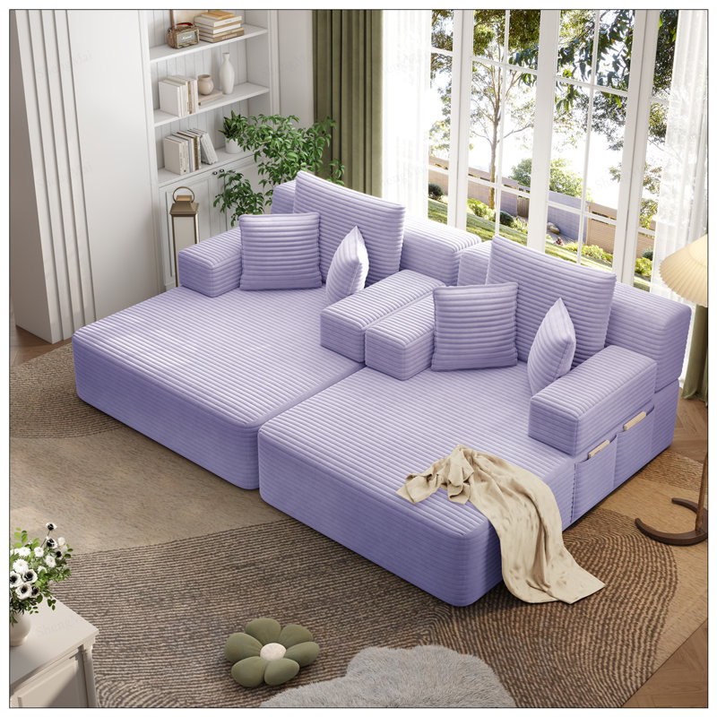Ensemble 2 pièces surdimensionné de méridienne double, luxueux canapé-lit en velours côtelé moelleux avec 6 coussins et une poche de rangement, pour les petits espaces, le cinéma maison et le salon