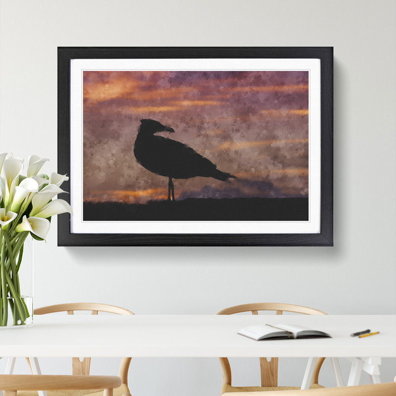 Seagull and Purple Sunset - Picture Frame Graphic Art, 27cm H x 36cm W x 2cm D, Black Framed
