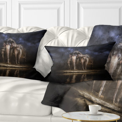 Animal Elephants Watering in the River Lumbar Pillow