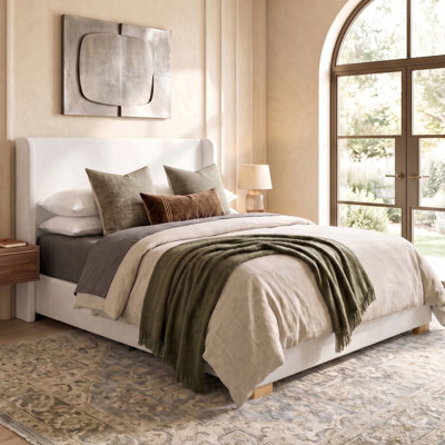 Velvet Upholstered Platform Bed with Wingback Headboard