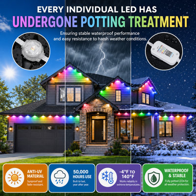 150FT IP68 DIY Permanent RGBIC Smart Eave Light Set with Arbitrary Trimming, Bluetooth Control, Waterproof for Roofs, Halloween, Christmas, or Daily Decor