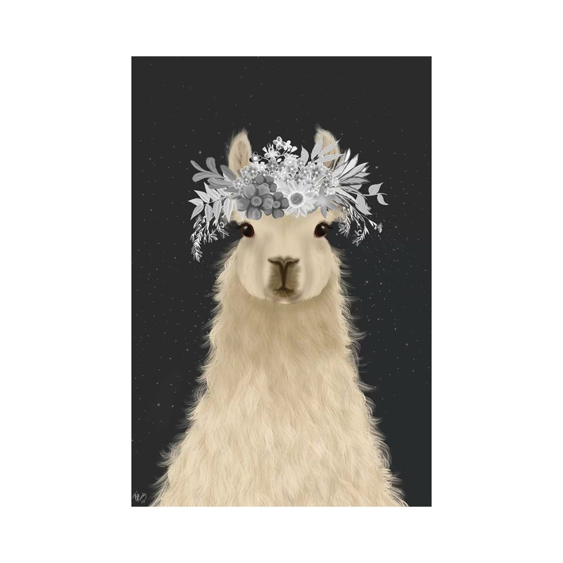 Llama White Flowers by Fab Funky - Wrapped Canvas Gallery-Wrapped Canvas Giclée, 30.48 cm H x 45.72 cm W