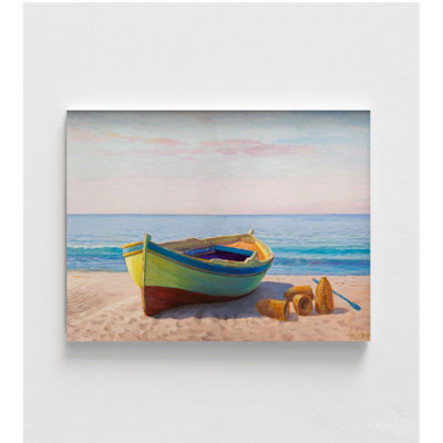 Impression de bateau coloré sur la plage, plage de sable blanc, décor de maison tropicale, impression d'art bord de mer, impression de peinture océanique, décor de maison côtière