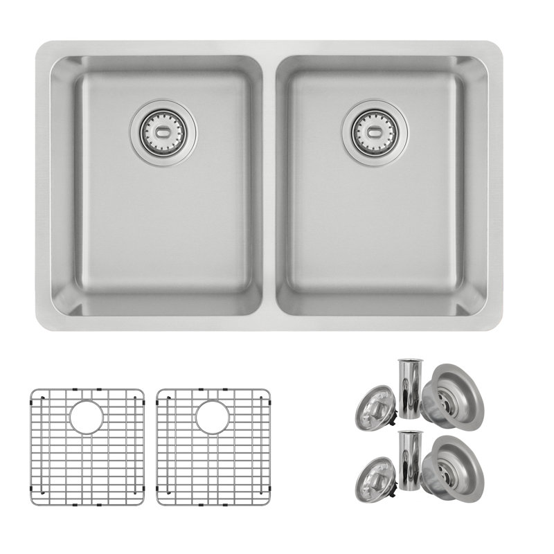 Évier de cuisine à double cuve en acier inoxydable T-304 de calibre 18 à double cuve 50/50 de 29 po avec 2 grilles et 2 crépines