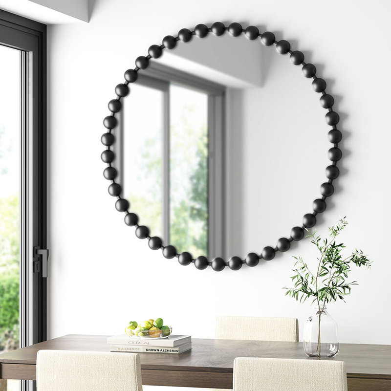 Miroir mural de 36 po de diamètre - Structure en fer noir mat, attrayante garniture de perles en verre sur base prête à être suspendue à l'intérieur seulement Cadre rond élégant Détails délicats