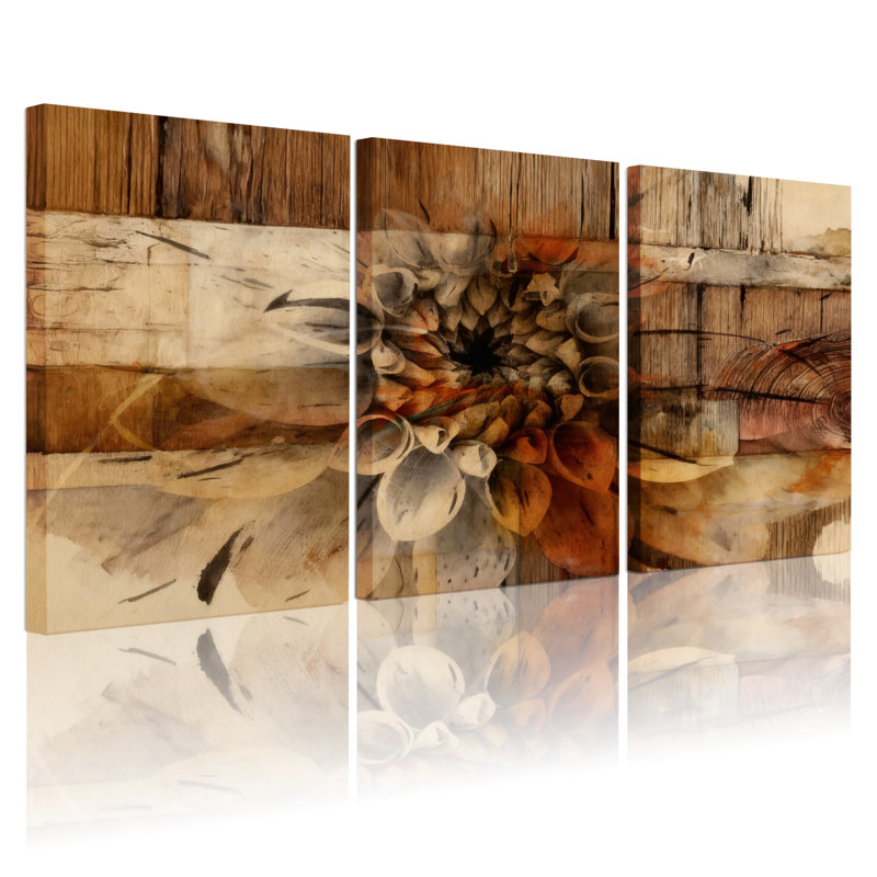 Ensemble de 3 tableaux abstraits à motif floral et texture bois, sur toile tendue, pour la décoration du salon et de la chambre.