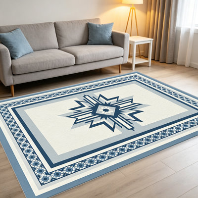 Tapis Southwestern Tribal Star bleu pour le salon, doux et confortable, adapté à toutes les saisons, facile à entretenir, tapis de sol intérieur lavable à la machine, sous la table de ferme convenant à la chambre à coucher, à la salle à manger, au bureau, au balcon, au patio