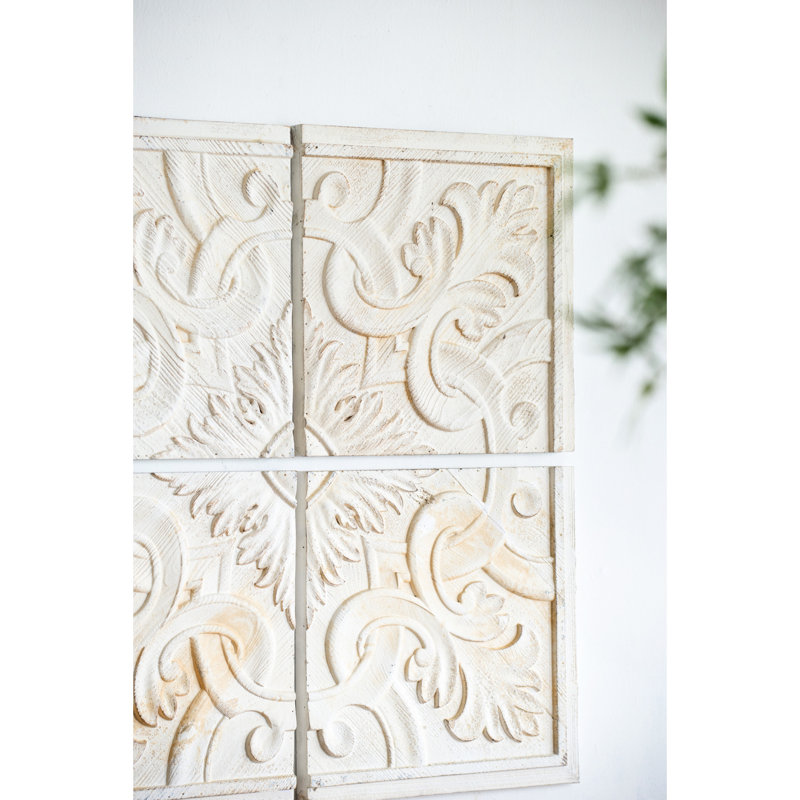 Panneaux muraux carrés 100% bois de sapin naturel, 17,5 x 17,5 po, blanc délavé délavé, médaillon complexe pour divers styles d'intérieur 17,5 x 17,5 po, finition blanc délavé, motif multiple