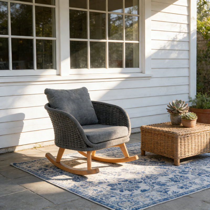 Chaise berçante en osier tissé avec cadre en bois et coussin en polyester, Gris, Gris