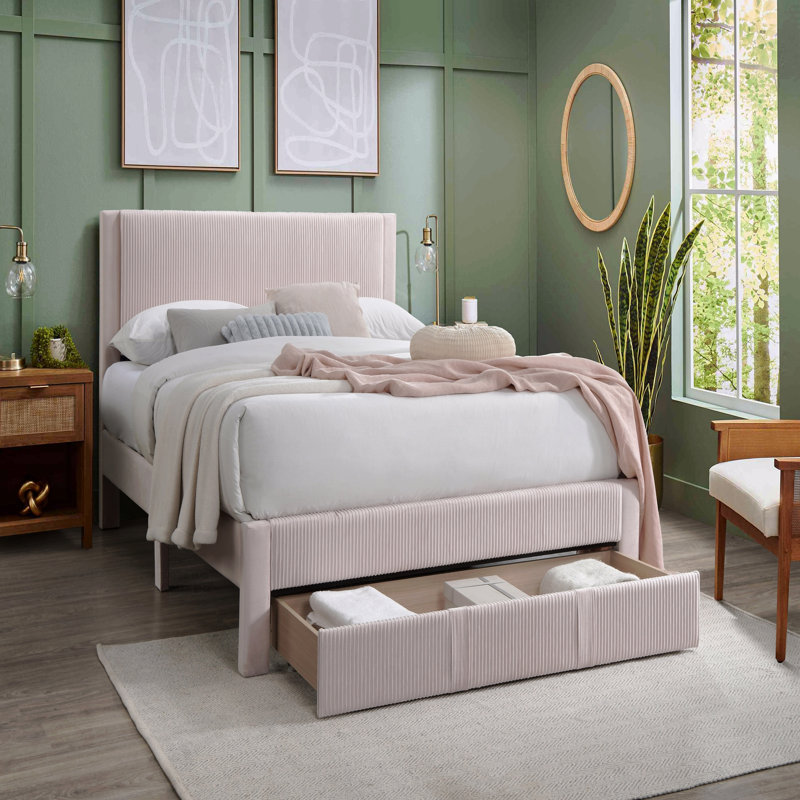 Cadre de lit double 1 pièce de style contemporain avec tiroir de rangement en velours côtelé rose clair