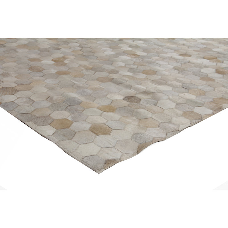 Cowhide Geometric Area Rug in Ivory/Brown/Dark Gray, Rectangle 8' x 11'