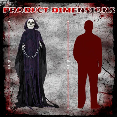Faucheuse animatronique d'Halloween avec chaîne, squelette fantôme parlant grandeur nature activé par le son, yeux DEL rouges lumineux, tête et mains mobiles, accessoire effrayant pour maison hantée, jardin ou fête en extérieur