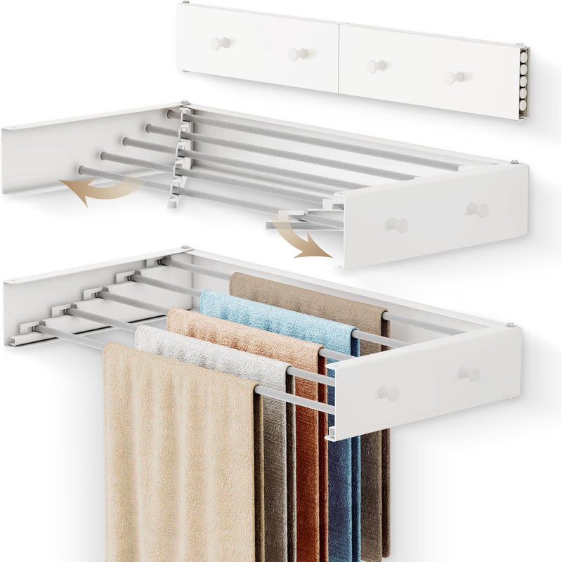 Drying Rack Clothing Upgrade,Clothes Drying Rack Wall Mounted,Laundry Drying Rack Wall Mount,Foldable,Collapsible,Retractable,5 Aluminium Poles,With Hooks,White