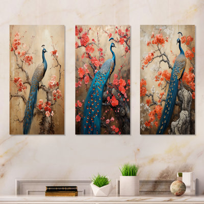 Ensemble de salon bleu et bleu avec motif floral paon royal I - paon en métal