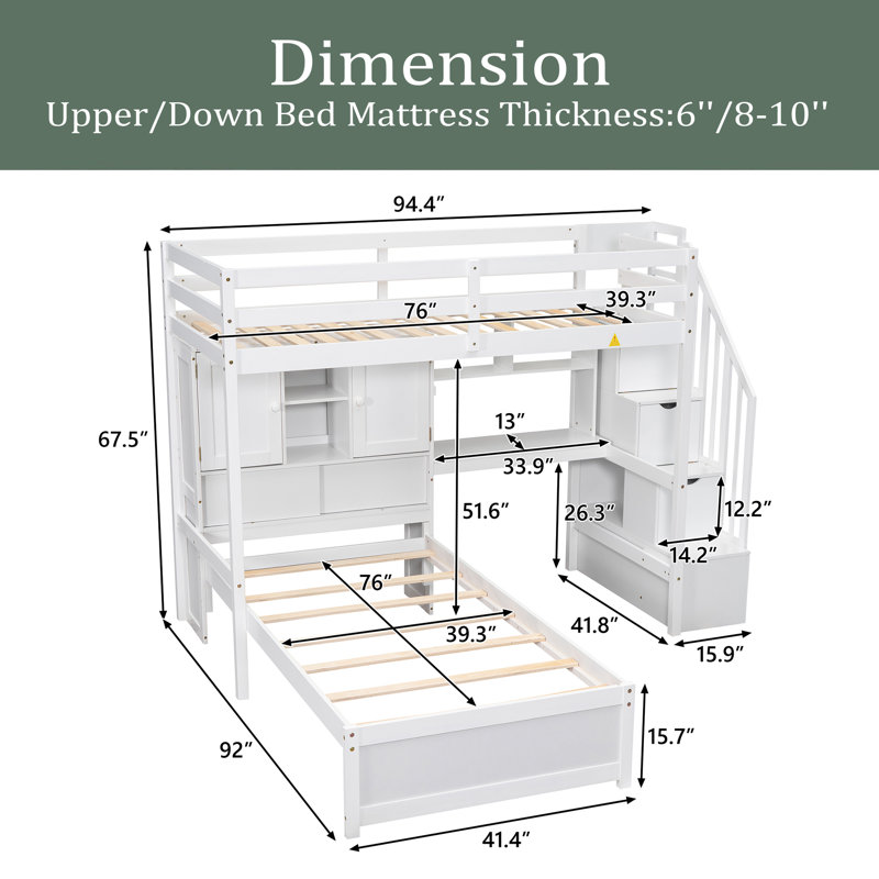 Lit mezzanine simple au-dessus de simple avec bureau intégré et escalier, avec compartiments de rangement et tablettes, Blanc