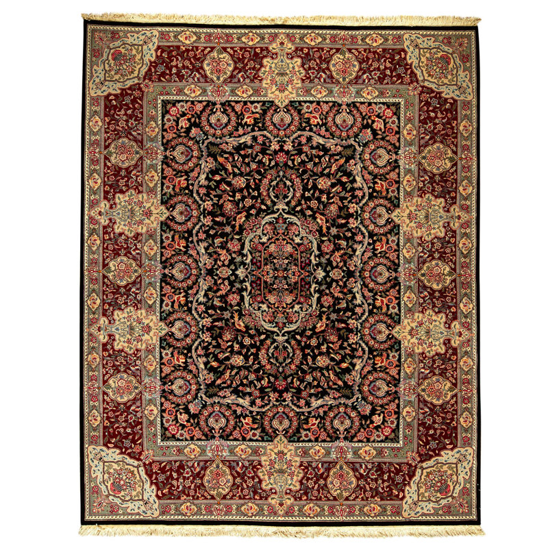 Tapis noir et rouge noué à la main de haute qualité