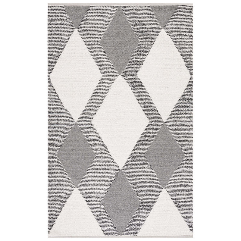Charvik Geometric Handmade Area Rug in Ivory/Gray/White, Rectangle 5' x 8'