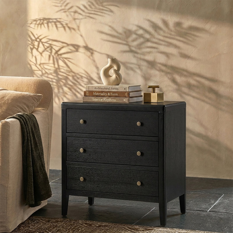 Shera Modern 28"W 3-Drawer Solid End Table with Integrated Power Station, Charcoal
