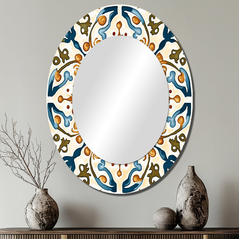Mediterranean Tiles In Retro Blue III - Blue Modern Oval Wall Mirror, 40" x 30"