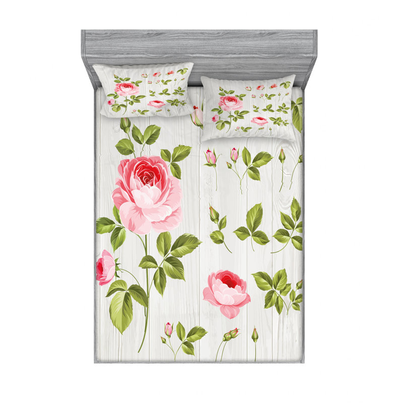 Microfiber Floral Sheet Set, Full/Double Sheet Set with Fitted Sheet