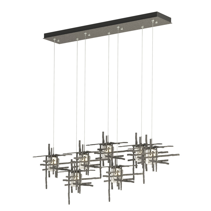 Tura 7-Light Glass Rectangular Pendant, Natural Iron, Seeded Clear, 30" - 130"