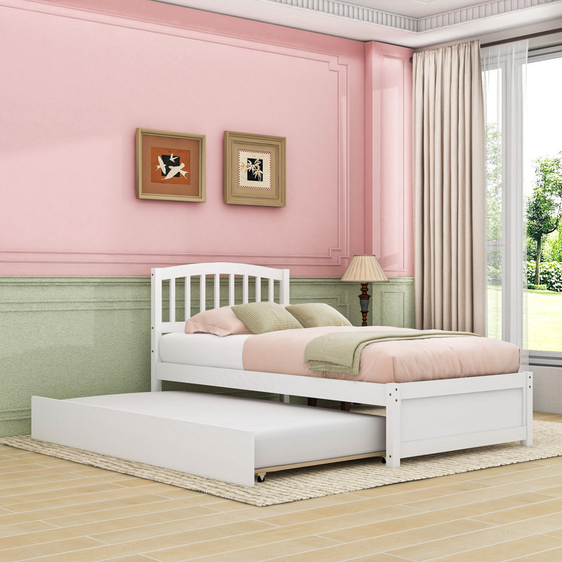 Lit plateforme simple en bois avec lit gigogne simple et tête de lit, Blanc