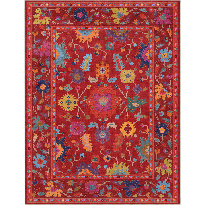 Tapis rouge bohème Bungalow Rose Adrith Bodrum, Rectangle 7 pi 7 po x 9 pi 10 po