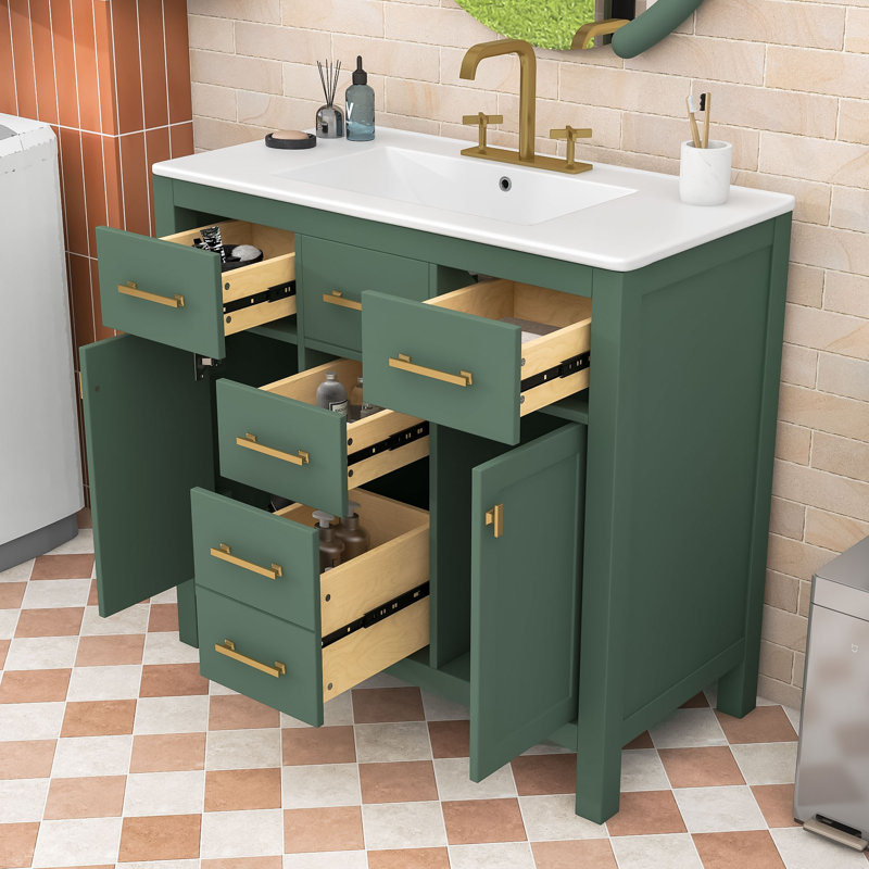 Meuble-lavabo moderne en bois minimaliste avec deux armoires et quatre tiroirs, Vert