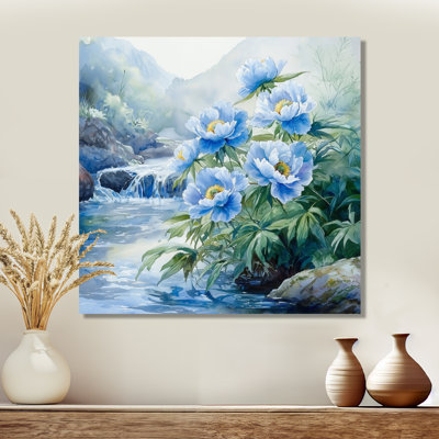 Montagne, pivoines au bord de la rivière III - pivoines, impression murale