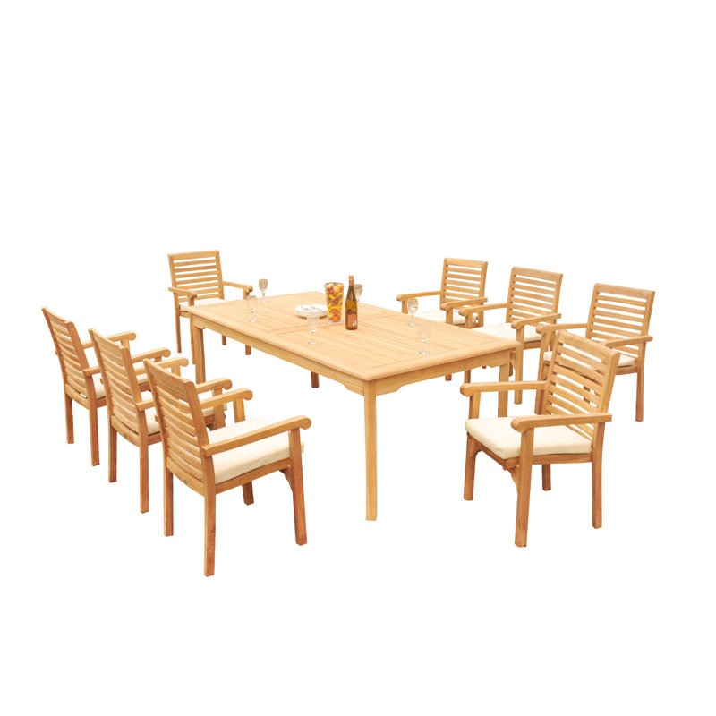 Cimah 8 - Person Teak Solid Wood Patio Dining Set Umbrella Hole Included Rectangular Table, 115" x 40" x 31.5"