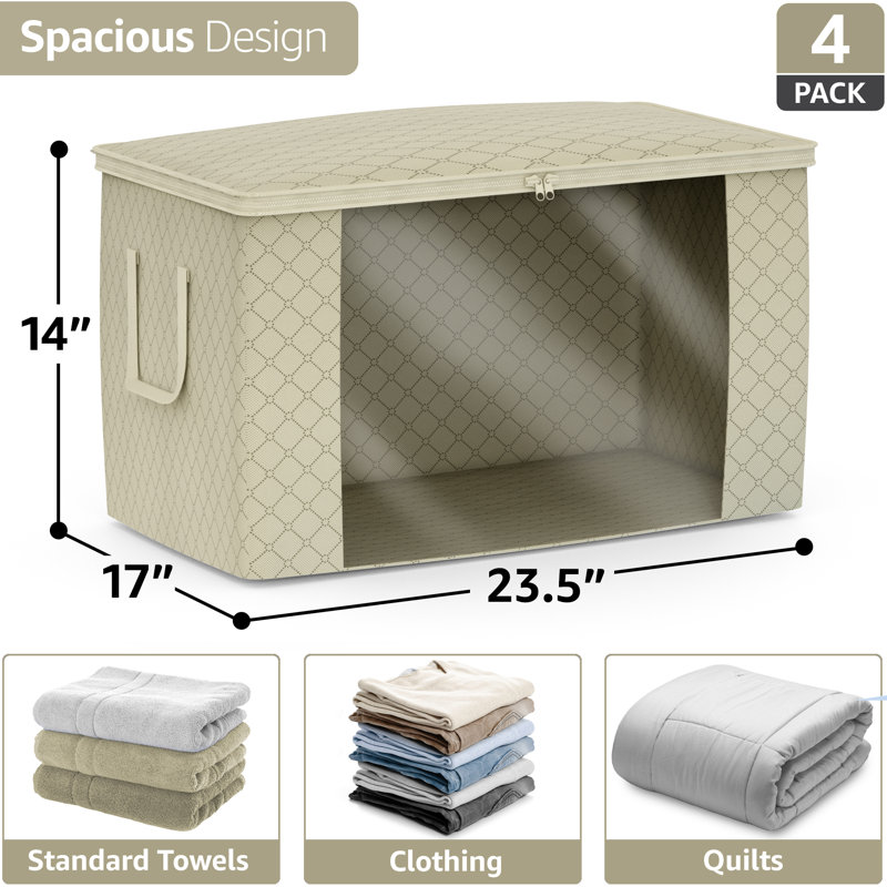 Sorbus Foldable Storage Bag Organizers, Large Clear Window & Carry Handles,  for Clothes, Blankets, Closets, Bedrooms, and more (4 Pack, Beige)