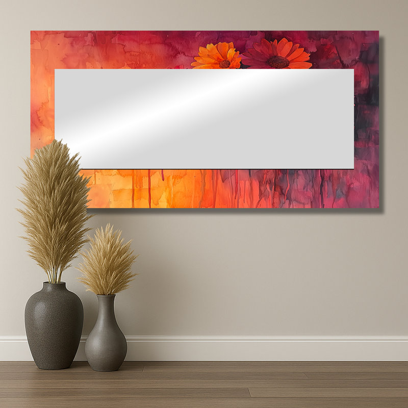 Coucher de soleil sur fond de peinture florale abstraite - art mural miroir traditionnel - imprimé sur métal, 28 po x 55 po
