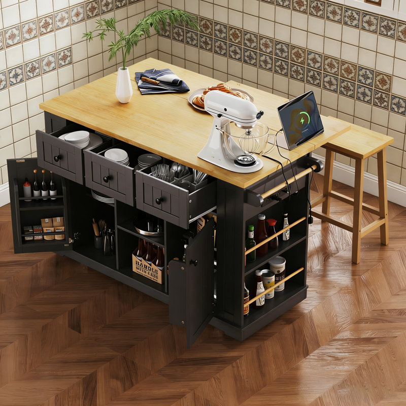 53-Inch Large Kitchen Island With Drop Leaf, Power Outlets, And Ample Storage On 5 Wheels For Versatile Use, Gray