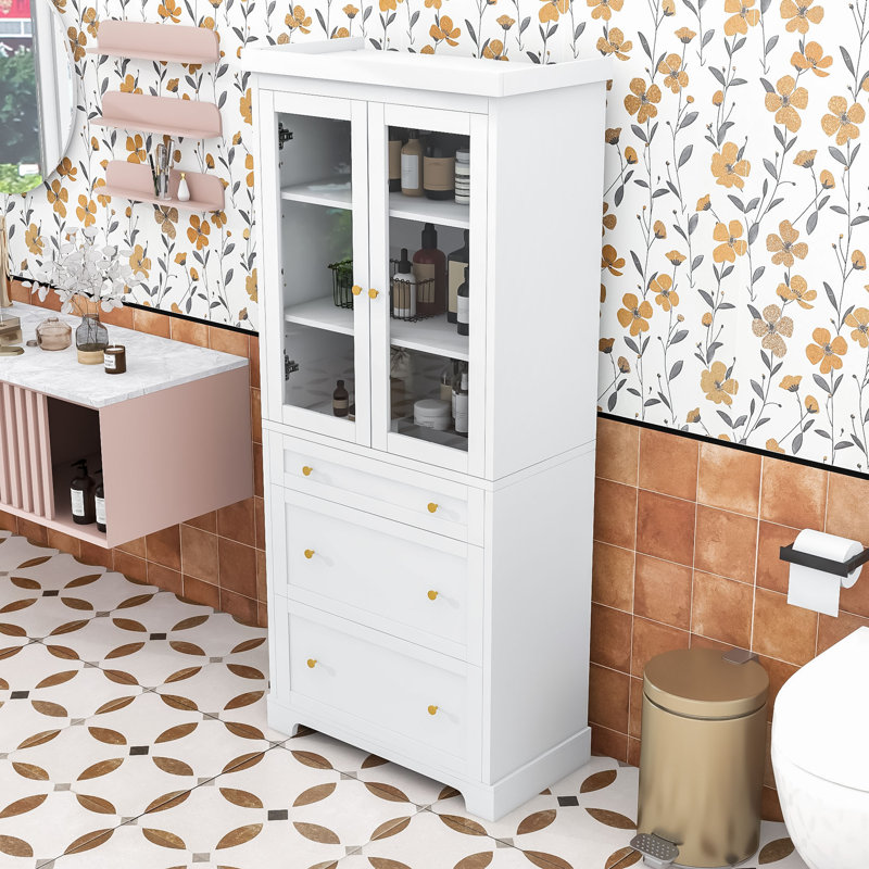 Freestanding Bathroom Storage Cabinet with Glass Doors, Adjustable Shelves and Anti-Tip Design, White