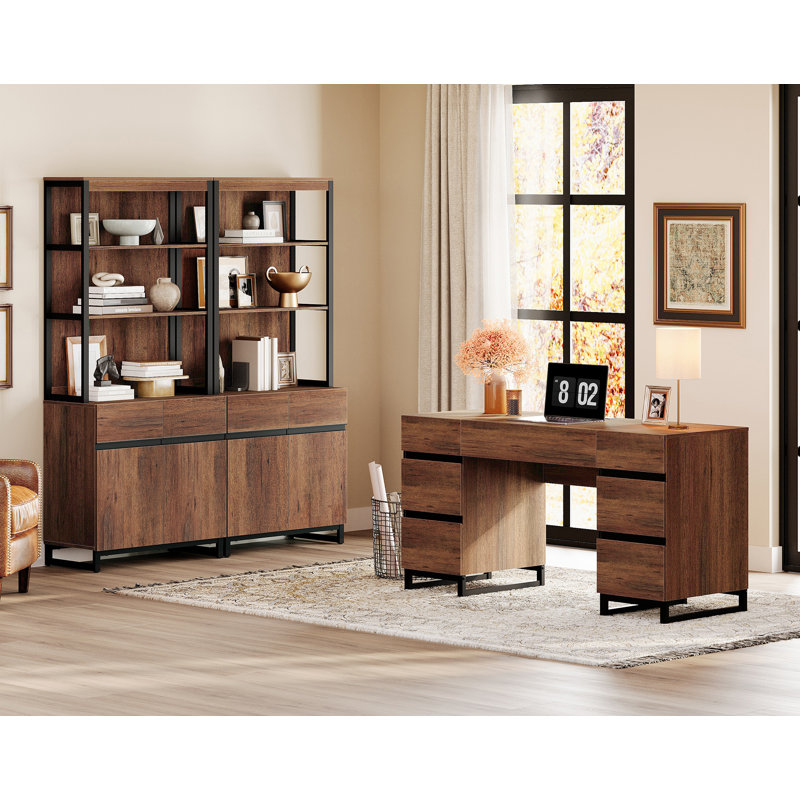 Home Office Furniture Set: 59In Modern Executive Desk With Charging Station & Drawers And 2 PCS 72In Tall Bookcases With Storage Cabinet, Home Office Furniture For Living Room, Bedroom, Brown