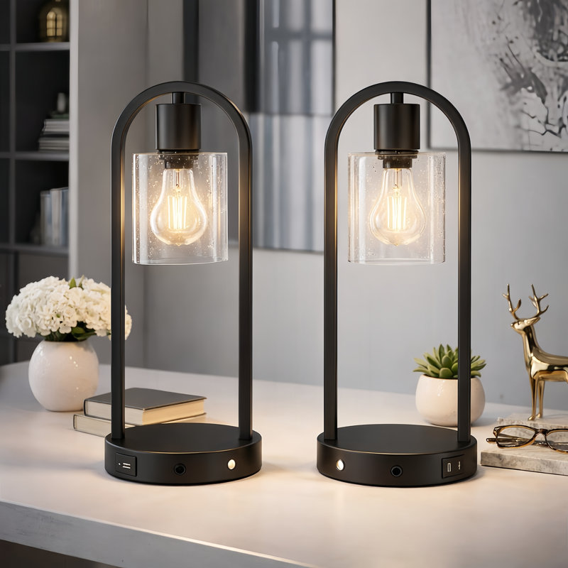 16" Small Black Metal & Glass Table Lamp (touch Control) - Mcm Modern Funky Accent Table Lamps For Bedroom Nightstand/desk, Living Room & Nursery 