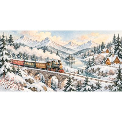 Winter Train Wallpaper Mural, Peel and Stick Kids Room Wall Mural, Watercolor Steam Train Nursery Wallpaper