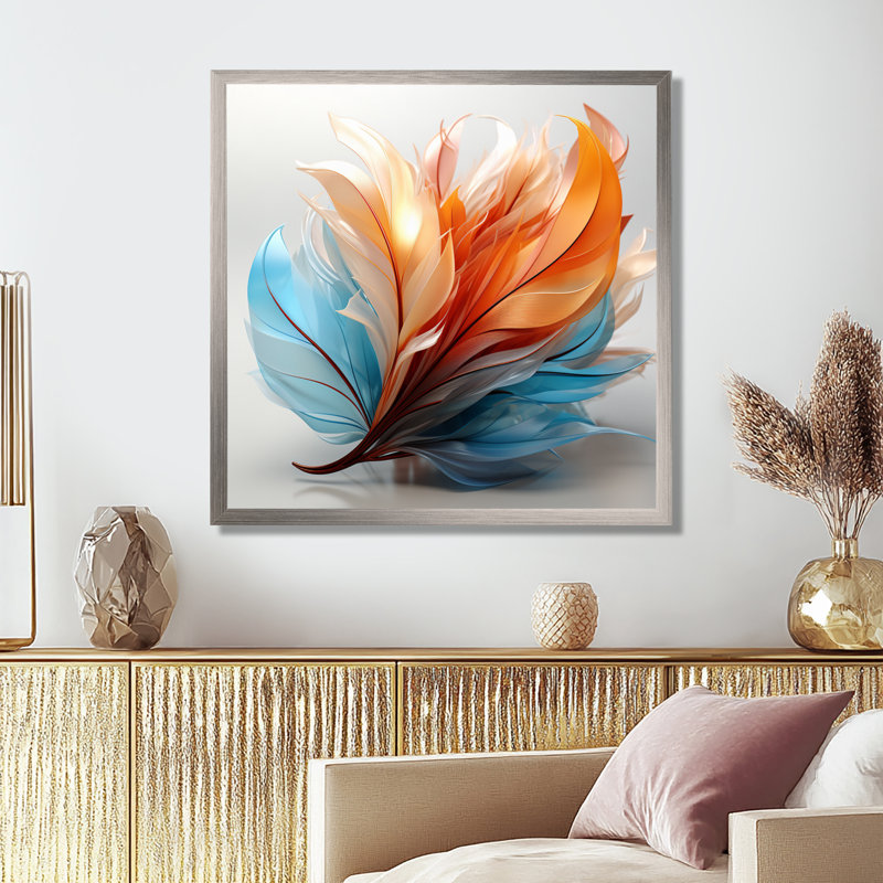 Fractal, plume d'ambre orange et turquoise I - art mural de plumes pour le salon, H 30 po x l 30 po, Cadre photo unique