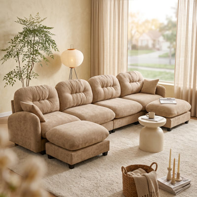 Canapé d'angle minimaliste en chenille plissée avec pouf, 2 places, couleur camel